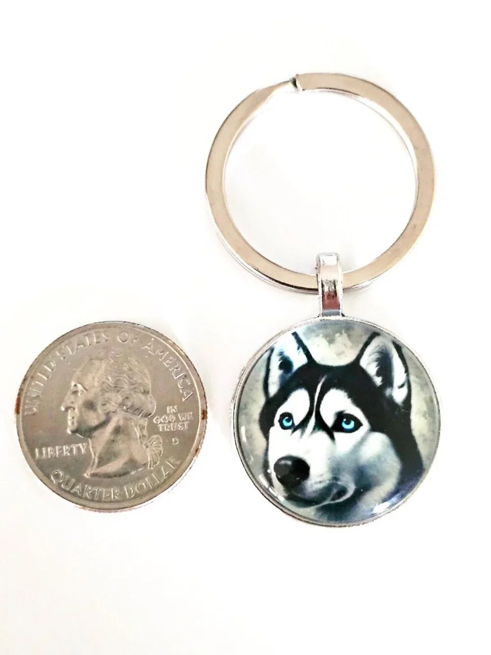 Husky Glass Cabochon Keychain, Siberian Blue Eyes, Unisex, Dog Lover Gift